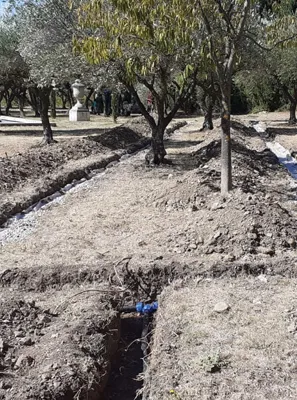 Un terrain agricole avec des canaux d'irrigation.
