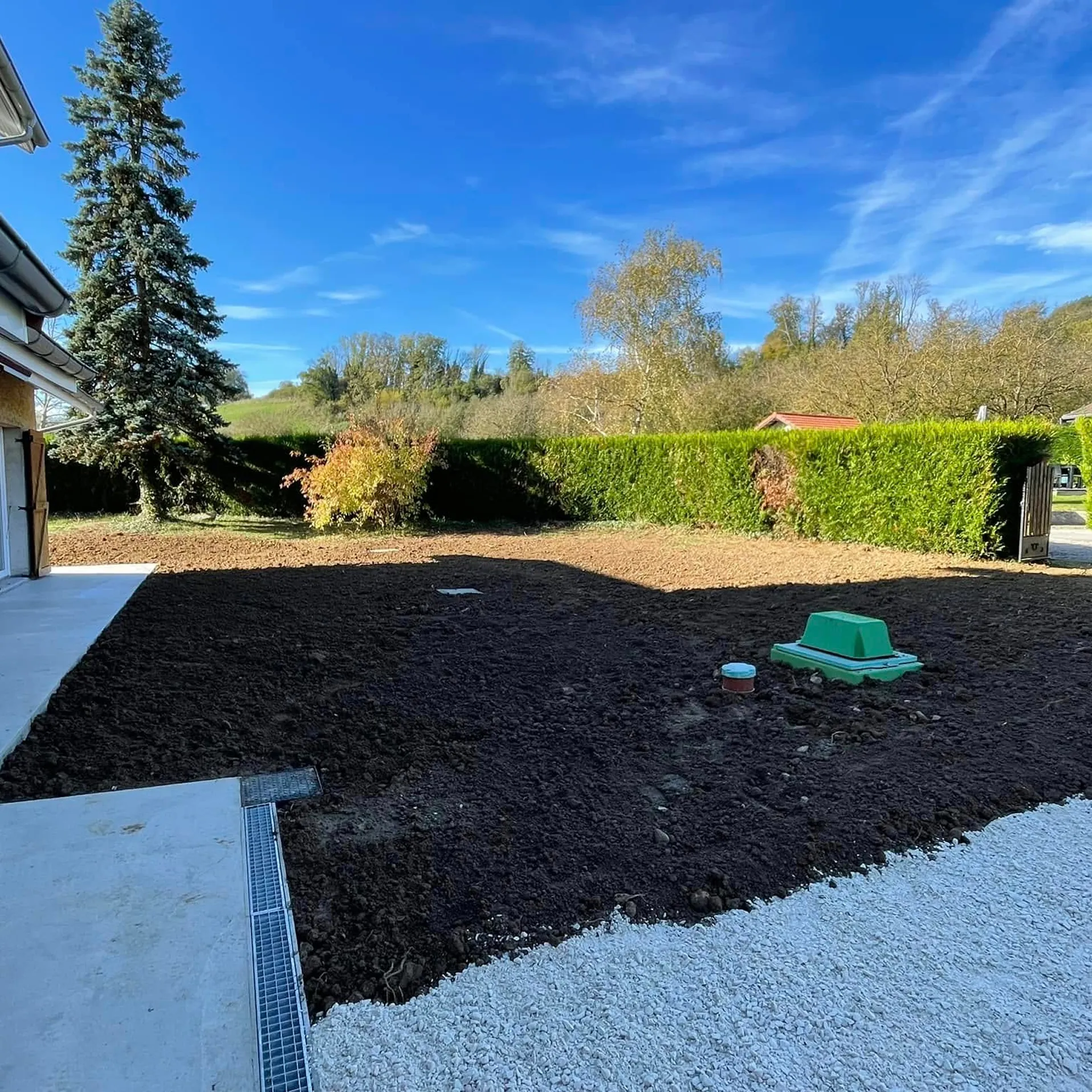 Un jardin avec une cuve verte installée dans le sol, entouré de végétation.