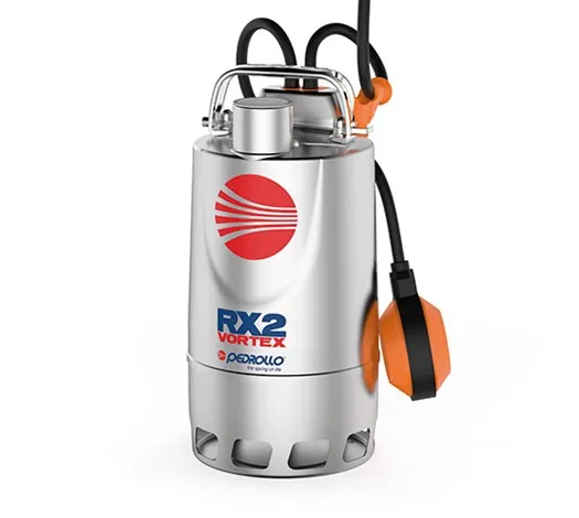 Une pompe immergée avec un flotteur orange et un câble noir.