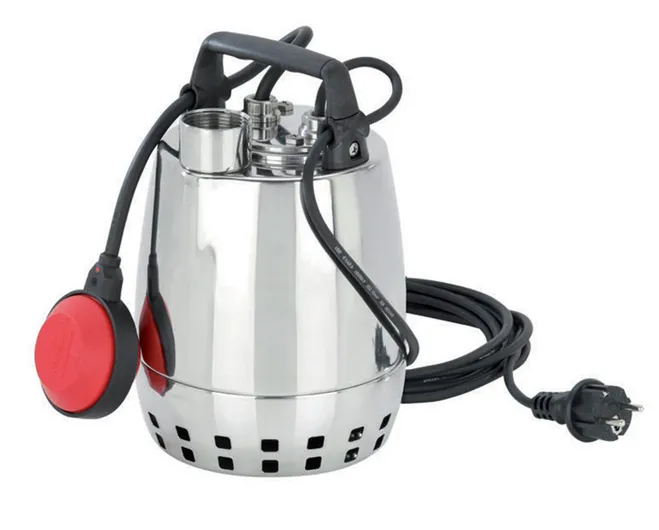 Une pompe immergée avec un flotteur orange et un câble noir.